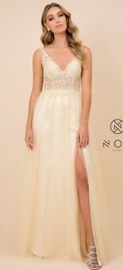 Pale yellow fitted formal evening gown with lace,beads.